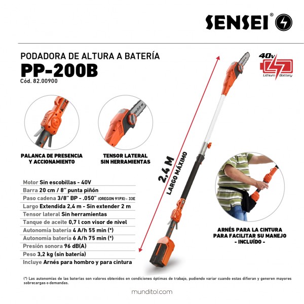 Podadora altura SENSEI inalambrica bateria extensible 2,0 a 2,40  sola